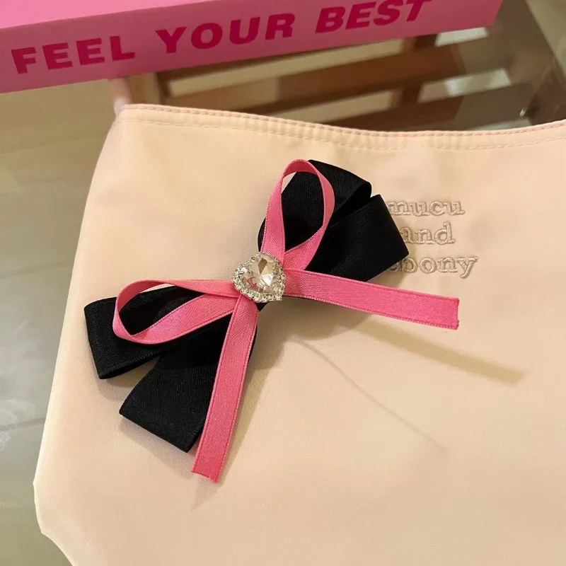 Black Pink Heart Rhinestone Bowknot Hair Clip 2023 Korean Sweet Cute High Ponytail Ribbon Hairpin Hair Accessories for Women