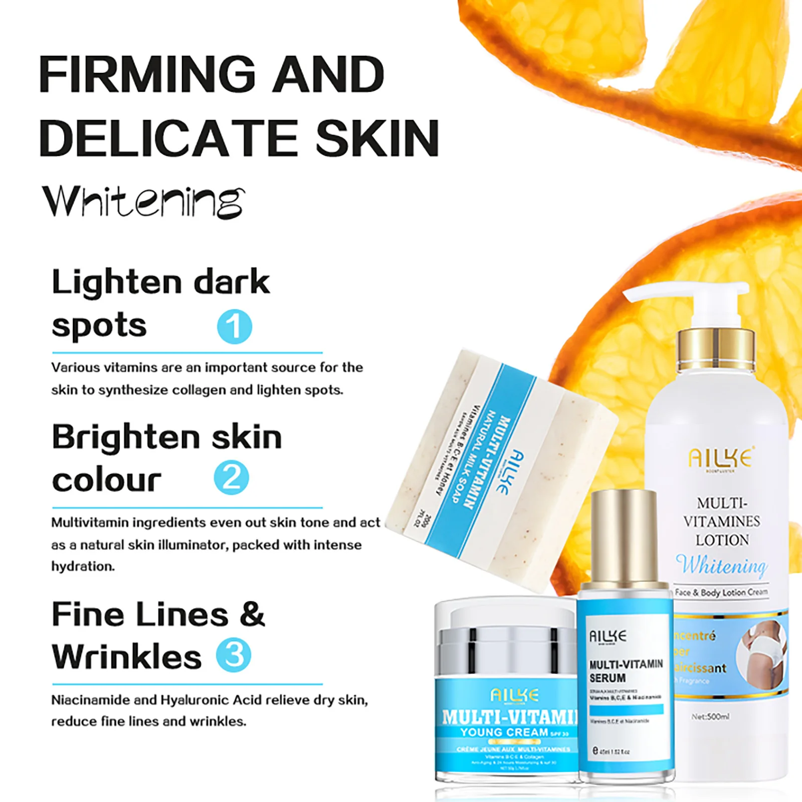AILKE Multi-Vitamin Lightening Skin Care Set, Reduce Dark Spots, Whitening, Even Skin Tone, Moisturizes with Vitamins B/C/E