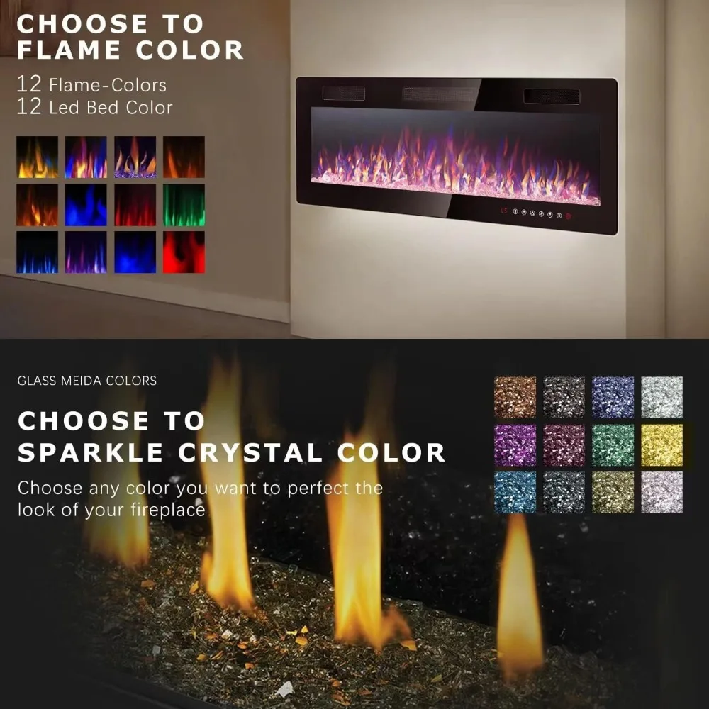 Electric Fireplace, with Multicolor Flame, Timer, Low Noise 50 inch Recessed and Wall Mounted Linear Fireplace Heater 5
