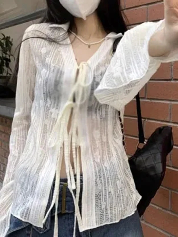 

New Women's Sexy Chiffon Lace Up Sunscreen Clothes Summer Korean Fashion Jacquard Hollow Horn Sleeves Sweet Women Cardigan Top