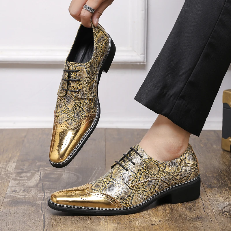 Snakeskin Grain Formal Leather Oxfords for Men Dressing Wedding Brogues Office Shoes Lace Up