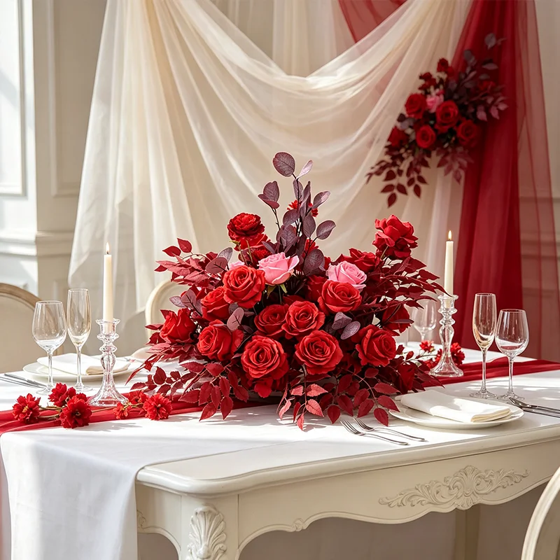 Rote Künstliche Rosen-Tischdekoration, Blumenarrangement für Hochzeit, Esstisch, Blumendekoration für Bankett, Party, Hotel, Eventdekoration