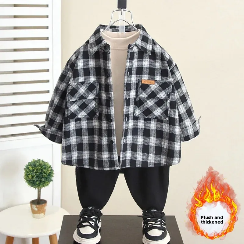 Thickened Fleece Lined Plaid Shirt for Baby Boys Autumn Winter Kids Clothes Integrated Fleece Baby Outfit New Hot Sale Of The Se