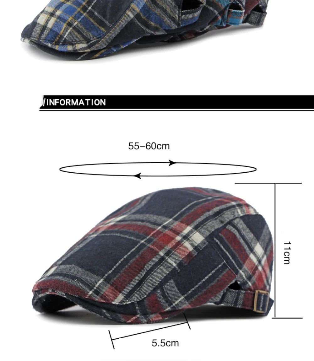 HT4358 Baskenmützen Frühling Sommer Sonnenhut Retro Künstler Maler Karierte Baskenmütze Herren Damen Ivy Flatcap Unisex Verstellbare Baskenmütze – Detail 4