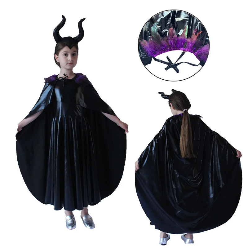Disney Maleficent Costume Per Bambini Evil Queen Black Maleficent Princess Dress Con Piuma Cape Costume Di Halloween Per Bambini