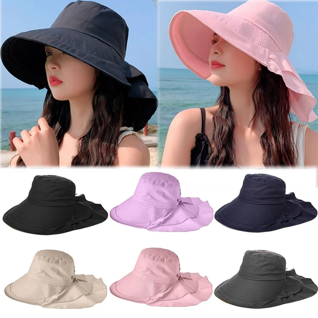 Women Bow-knot Lightweight Bucket Hats Fashion Hidden Ponytail Hole Big  Brim Hat Anti-UV Sun Hats Beach Neck Guard Fisherman Hat