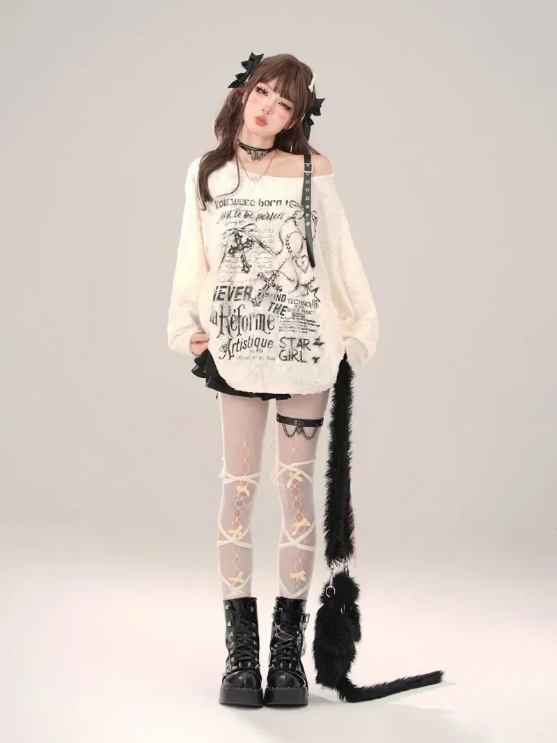 Grunge Gothic Off Shoulder Graphic T Shirts Women Y2k Clothes with Buckle Hollow Out Women Top Long Sleeve T-shirt Summer Autumn 2