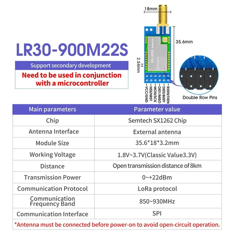 DIGIT-DX-LR30-900M22SP(T1) SX1262 로라 무선 모듈 8KM 장거리 SMD RF 모듈 22Dbm 출력 850Mhz-930Mhz 전원 공급