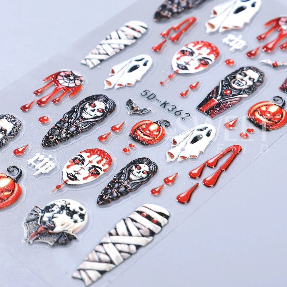 5D Halloween Nail Art Stickers Cartoon Bleeding Spider Pumpkin Design Nail Slider Decals for DIY Manicure Decoration Accessories