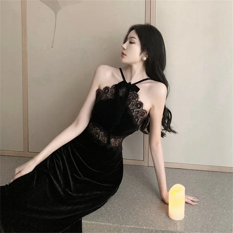 

Women Black Dress Sexy Sheath Lace Halter Long Dress Retro Sleeveless Velvet Birthday Dress Ladies Elegant Evening Vestidos
