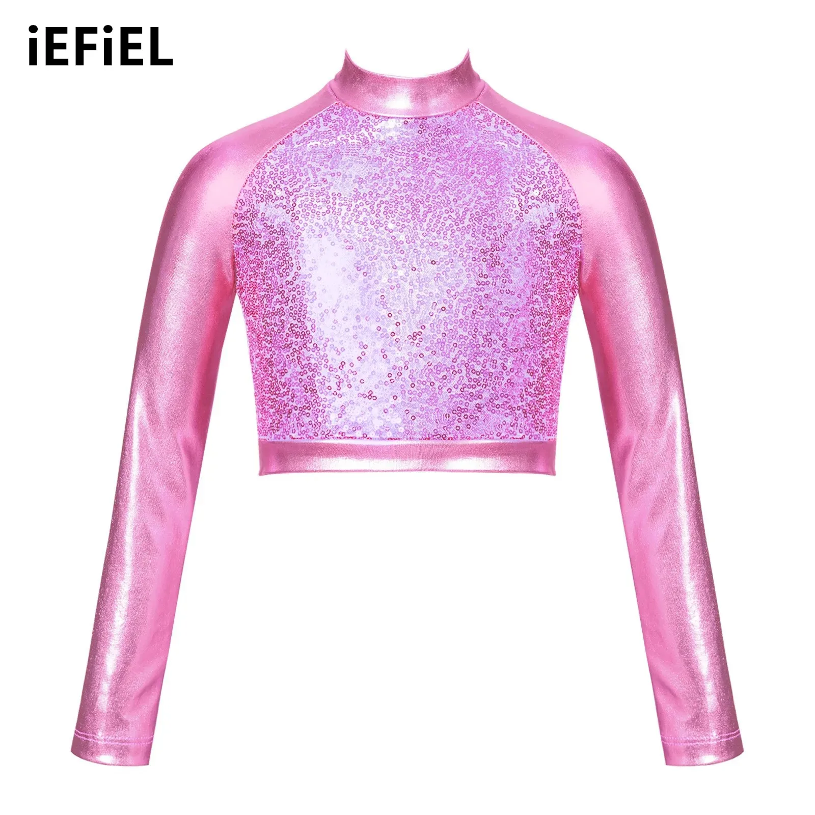 

Kids Girls Shiny Sequin Dance Top Mock Neck Long Sleeve Front Metallic Fully Lined Dance Crop Tops for Stage Performance