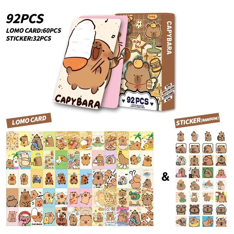 92Pcs Kawaii Double-sided Capybara Photocards Cartoon Capybara Glitter Lomo Cards Kids Gift HD Collection Cards