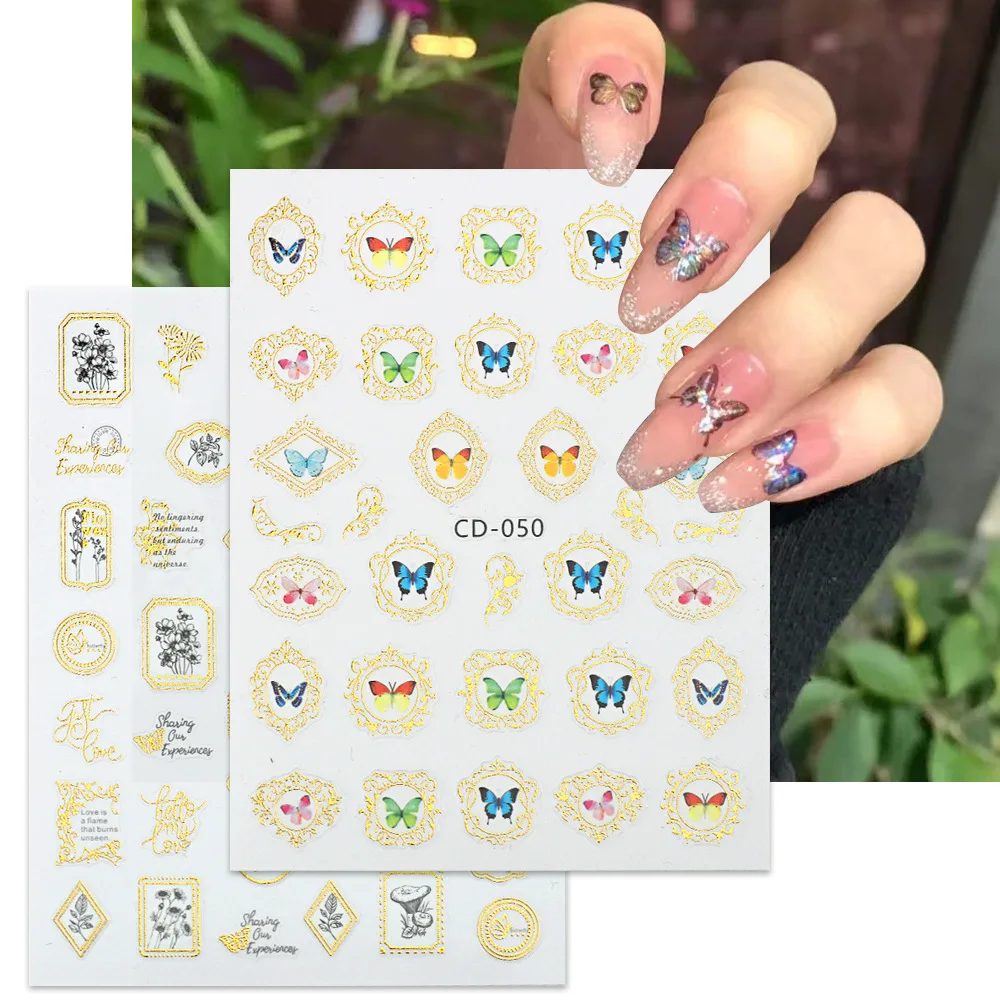 

Золотые наклейки для ногтей в виде бабочек, 1 шт., синие красочные наклейки для ногтей в виде цветка, бабочки, крыла, весенние часы, обертывания для дизайна ногтей, украшения для маникюра