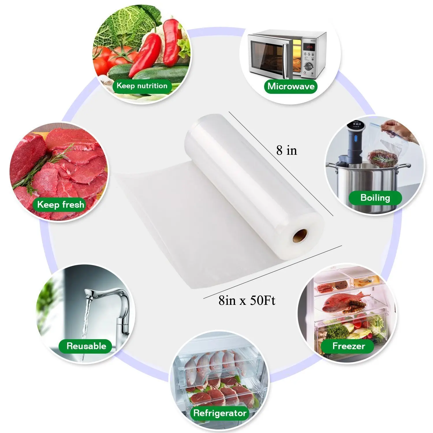 8in X 50ft / Roll Vacuum Sealer Bags Embossed Storage Bag For Food