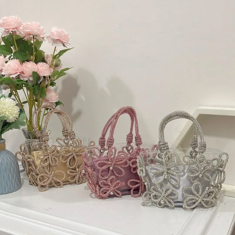 New luxury girl Super Flash rhinestone flower bucket bag women's bag studded French fairy bags shopping basket handbag