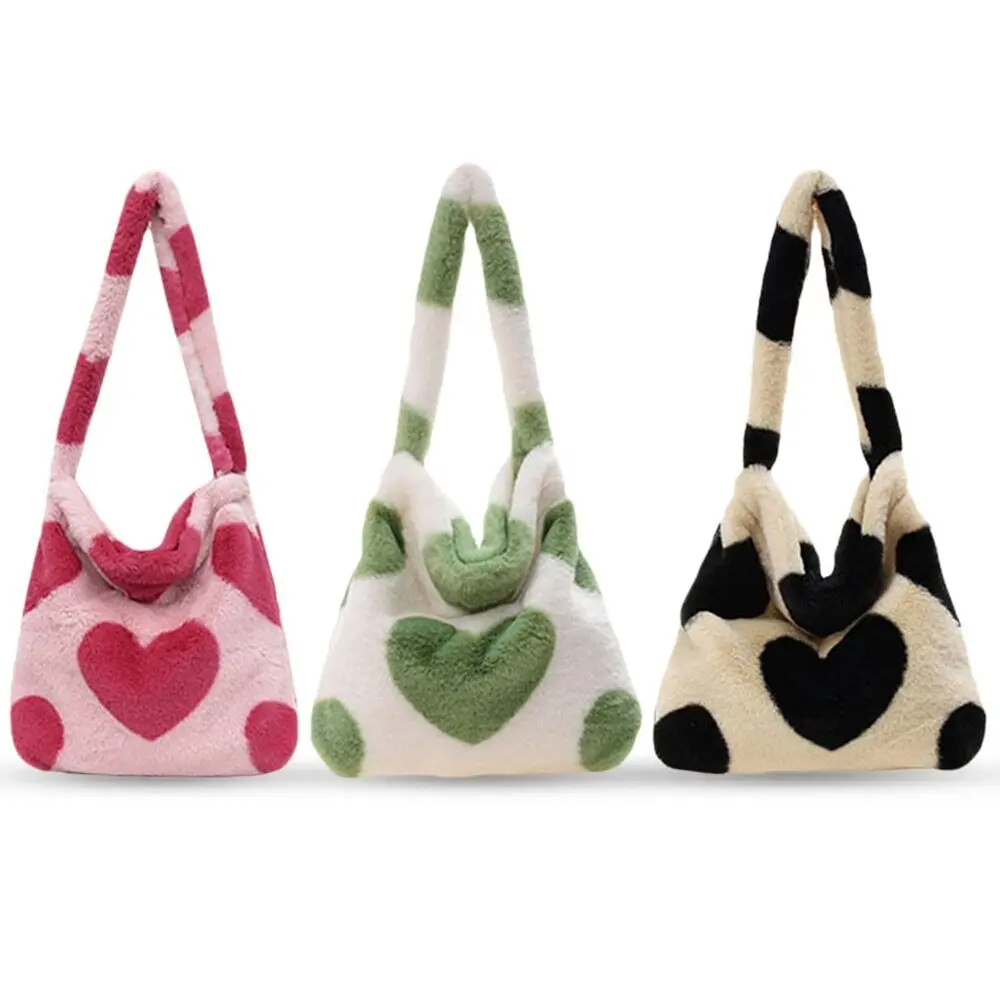 

Love Hearts Print Bags Women Soft Plush Shoulder Bag Winter Warm Fluffy Tote Large Capacity Fur Tote Bag Love Underarm Bag