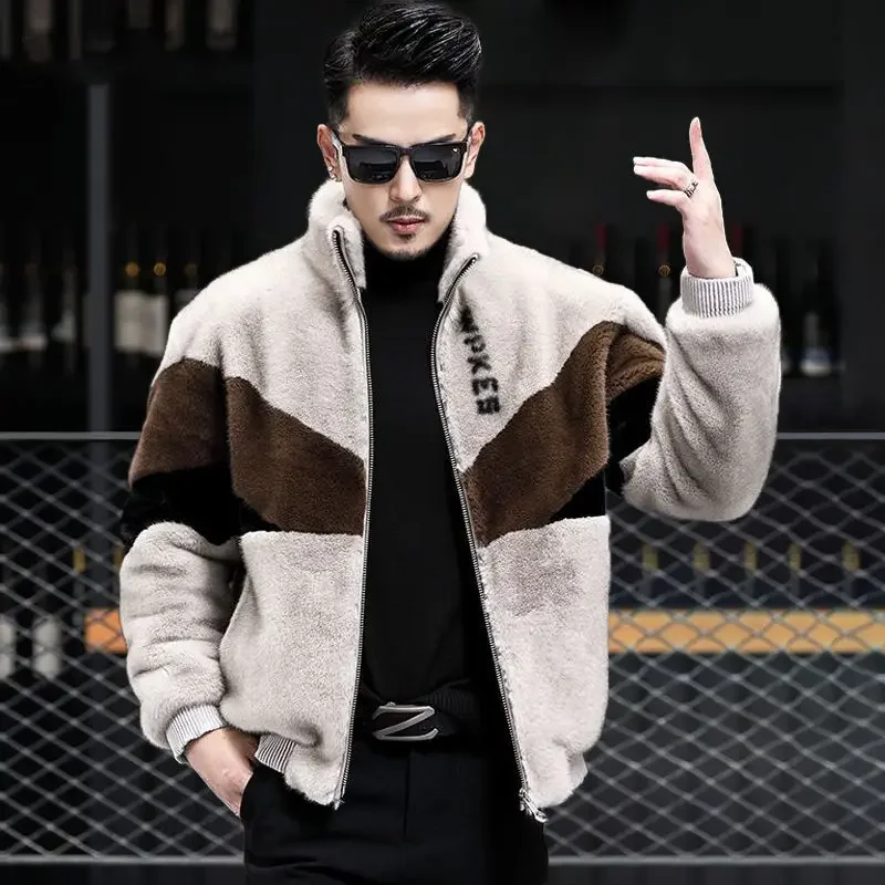 

Мужская теплая куртка с воротником-стойкой, Короткая Повседневная куртка из натурального меха в стиле пэчворк, Осень-зима 2023