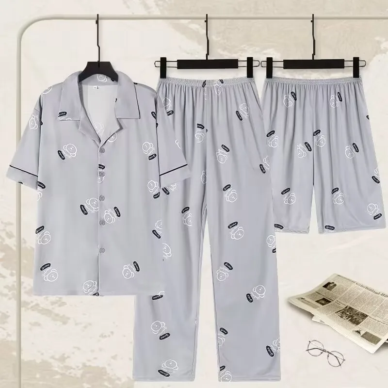 Men's Pajamas Loungewear Three-Piece Set Cotton Spring and Summer Short Sleeve Shorts Trousers