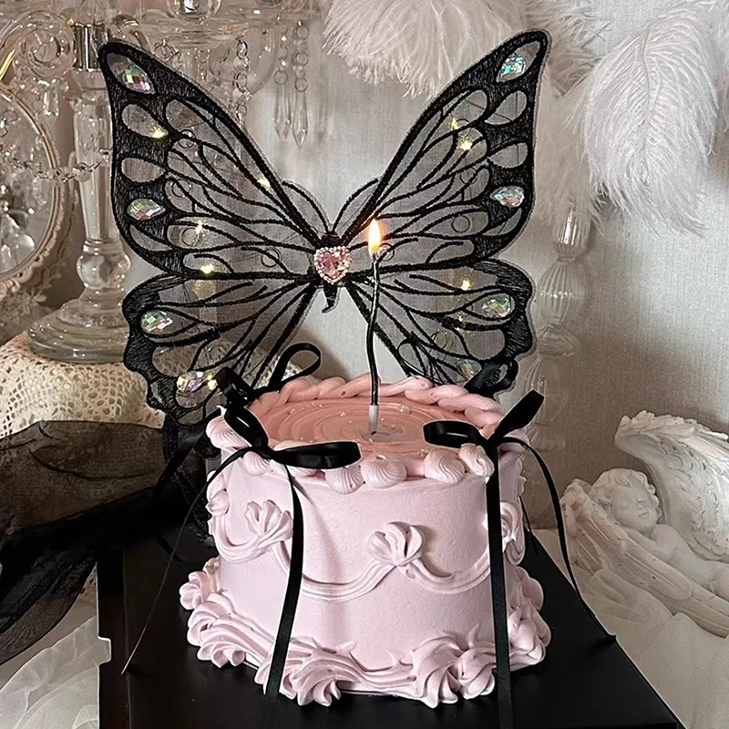 Valentine's Day Cake Topper Decoration Handmade Big Butterfly Insert Queen Mother Happy Birthday Love Led Light Baking Supplies