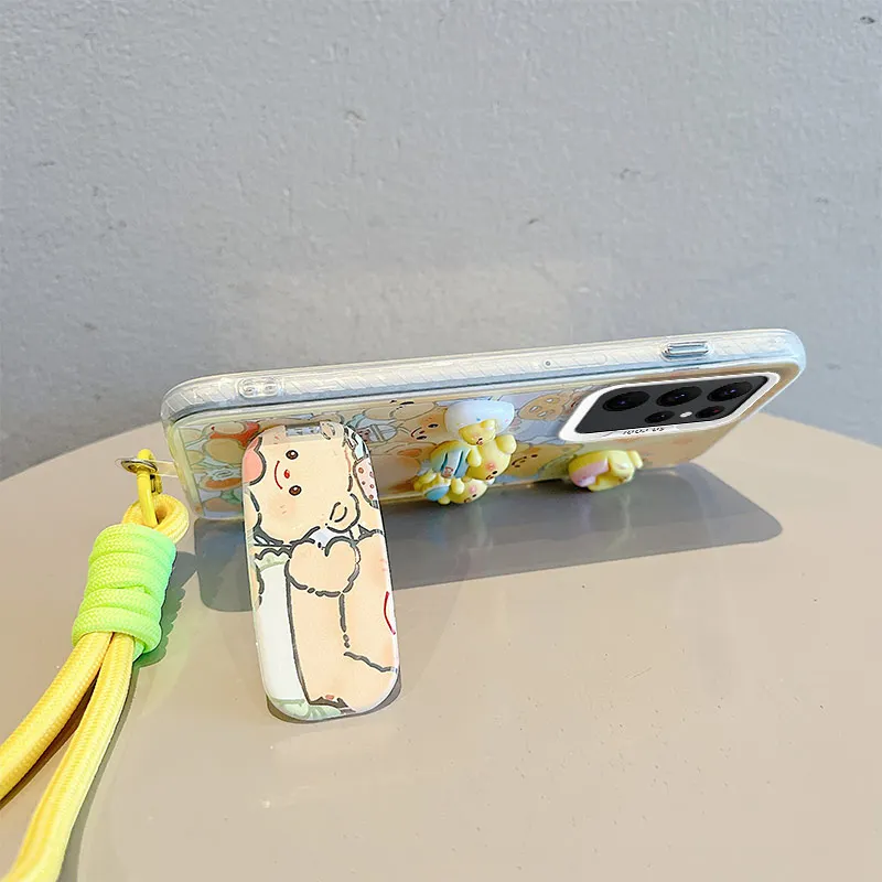 3D Cartoon Bear Phone Case with Hand Strap and Mirror Stand Cover
