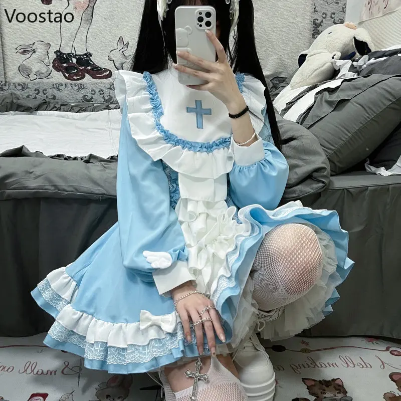 Lolita Cosplay Costumes Japanese Gothic Lolita OP Dress Women Victorian Cross Embroidery Ruffles Cosplay Witch Maid Dresses Girls Sweet Party Dress