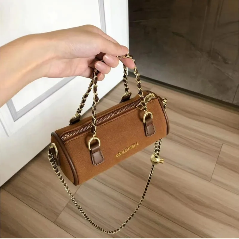 Retro Chain Cylinder Handbag Women Leather Frosted Large Capacity Shoulder Bag Ladies High End Fashion Pillow Crossbody Bag 2025