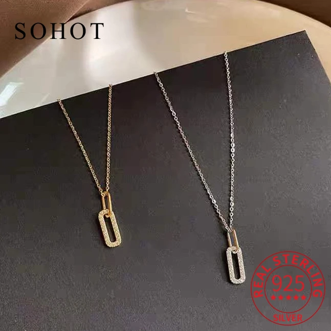 

Real 925 Sterling Silver Zircon Hollow Rectangle Pendant Necklace for Women Trendy Geometric Fine Jewelry Minimalist Accessories