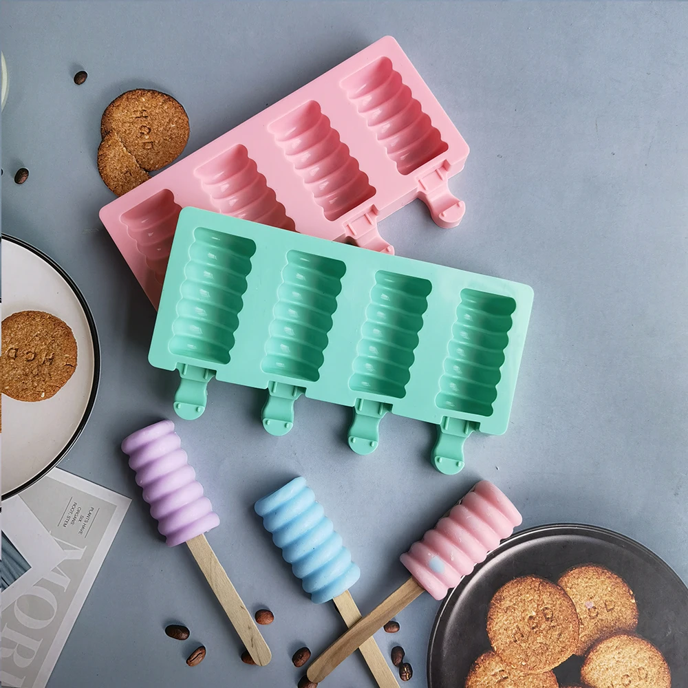 

4 Holes Silicone Ice Cream Mold Summer Popsicle Mould Ice Pop Maker Fruit Juice Freezer Ice Pop Tray Mold Cake Baking Tools