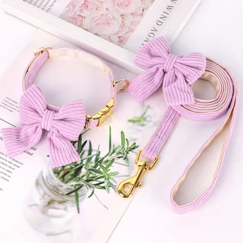 Cute Pink Dog Collar Leash Set With Bowtie Adjustable Soft Velvet Pet Collars And Leash for Small Medium Dogs Dog Accessories 4