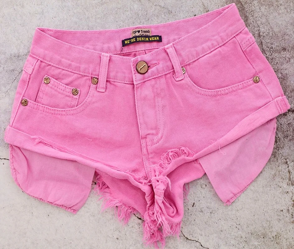 

2023 Low-waist Decadent Style Loose No Elastic Rolled Denim Shorts Women Open Pockets Beach Macaron Short Jeans Female Powder