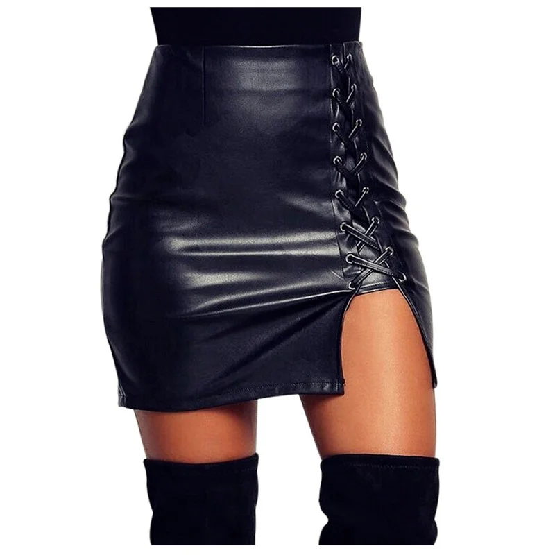 Summer Women High Waist Club Party Tight Pencil Stretch Short Mini Skirts Fashion Sexy Lace Up Bandage PU Leather Skirt Black 2 piece women s suit one shoulder slope neck sleeveless backless solid color tight waist patchwork straight party summer suit