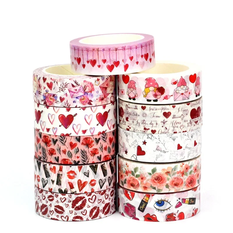 1PC. 10M Decor Cute Flower Hearts Lips Paper Valentine Washi Tape for Scrapbooking Journaling Material Masking Tape Stationery 2