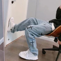 Men High Street Loose Straight Jeans Male Versatile Minimalist Denim Pants Cross Star Appliqué Embroidery Comfortable Trousers