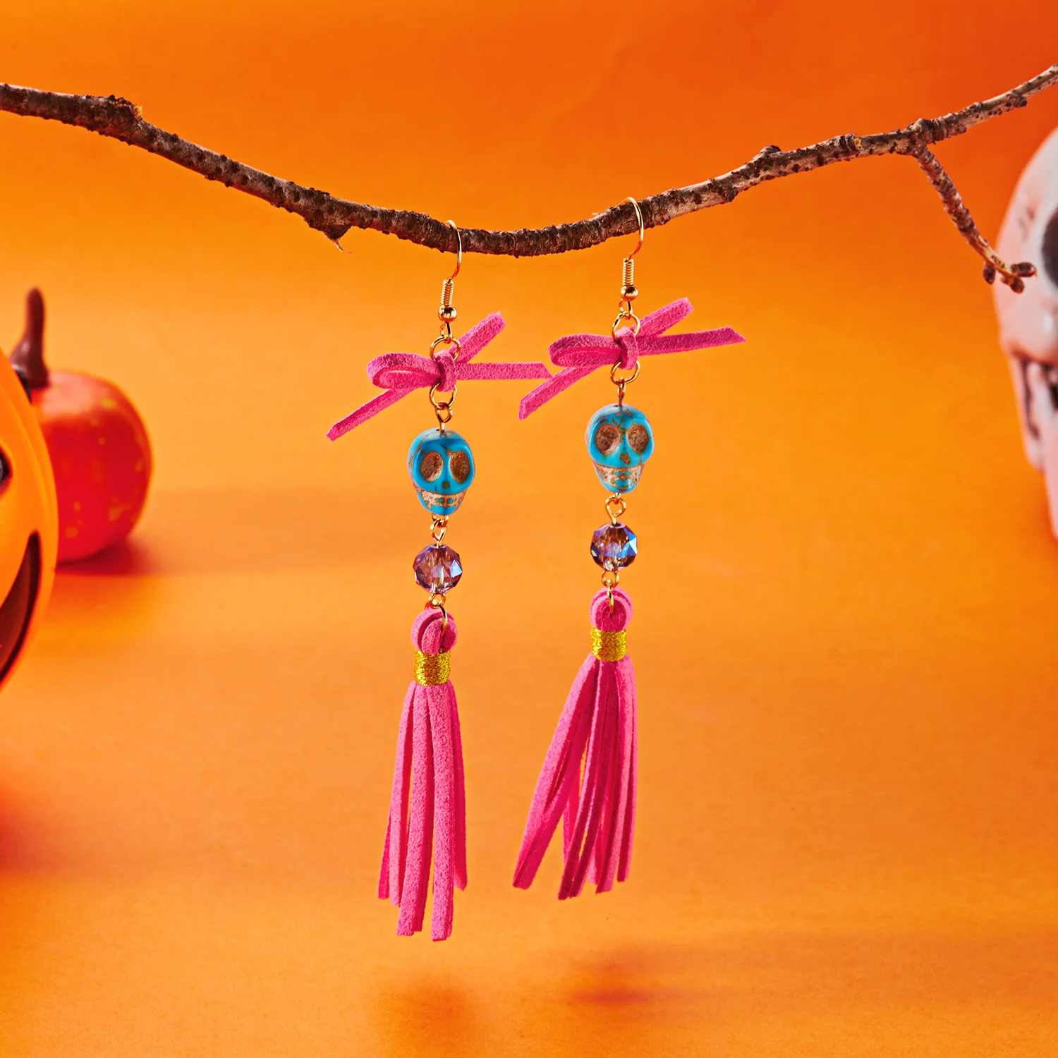 Signature Halloween-Ohrringe mit Totenkopf-Quasten für Damen, lebendige bunte Perlen, Schleife, baumelnde Ohrringe, Party-Schmuckzubehör – Detail 12