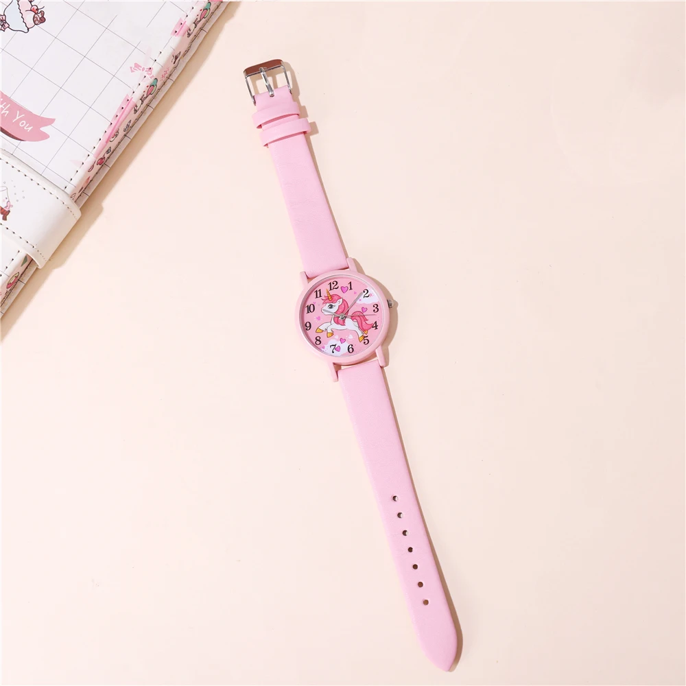 cute pink pu leather band unicorn Children's cartoon watch 2