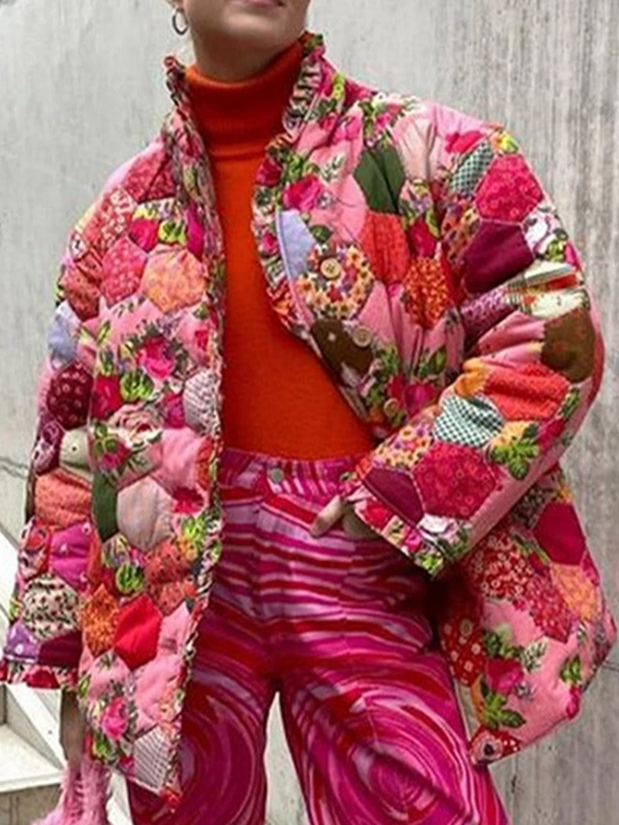 

Женское зимнее теплое Стеганое пальто в стиле ретро, пуховое пальто с воротником-стойкой и цветочным принтом, парки, стеганые куртки с длинным рукавом