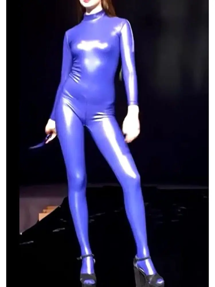 

Sexy High Collar Faux Latex Catsuit Elastic PU Leather Bodystocking Zipper Crotch Bodysuit Tights Cospaly Leotard Conjoined Body