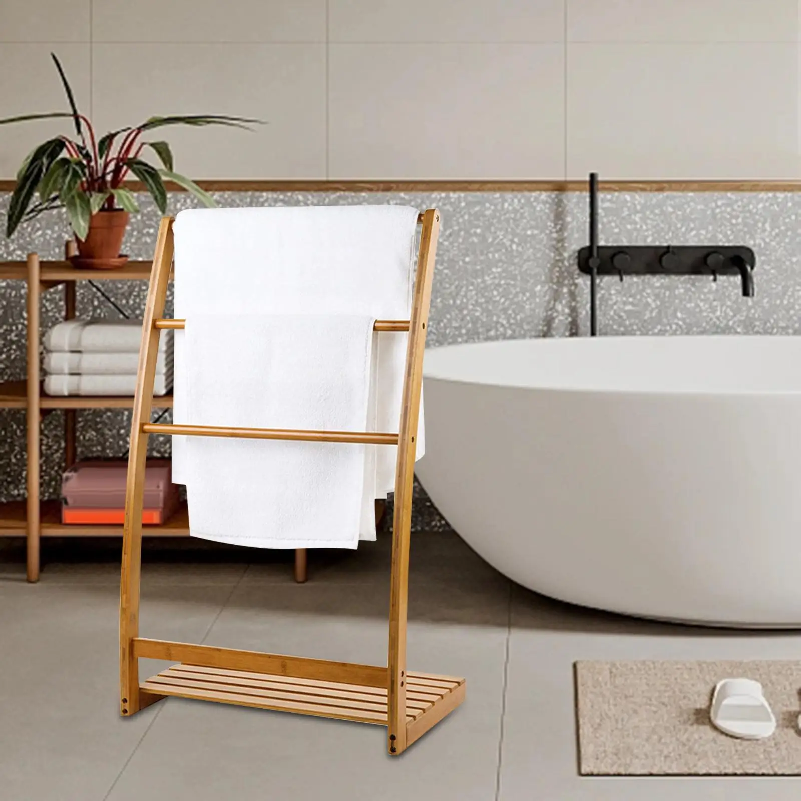 Porte-Serviettes Sur Pied En Bambou 3 Niveaux - Rangement Salle De Bain Sans Fixation - Design Naturel - IDMarket