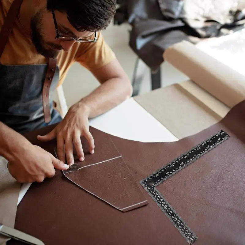 L 모양 눈금자 사각형 DIY PU 가죽 수제 바느질 자, 수제 바느질 레이아웃 측정 도구, 가죽 공예 블랙 강화