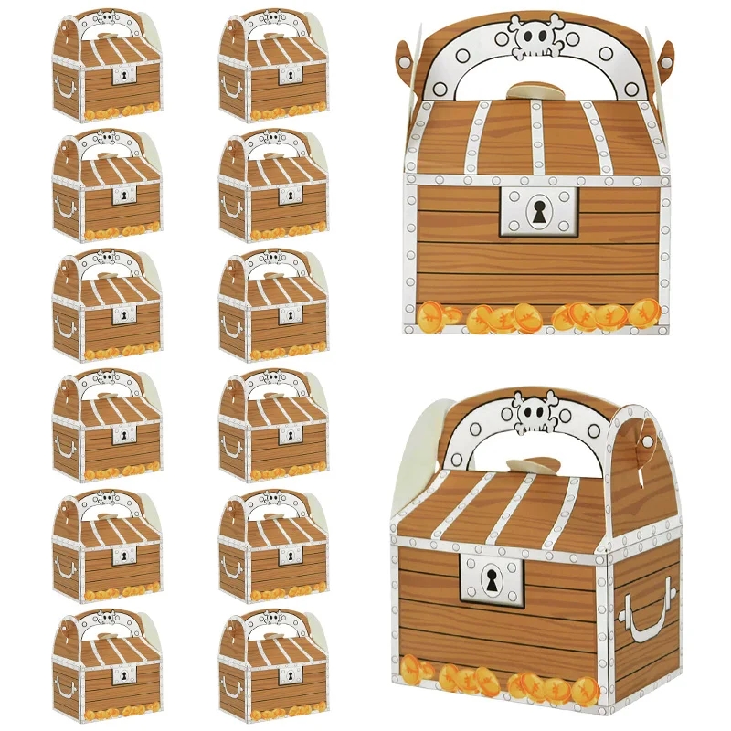 6 Stück Piratenschatz-Leckerli-Truhe aus Papier, Süßigkeiten-Geschenkbox für Kinder, Süßes oder Saures, Halloween-Partyzubehör, Geburtstagsdekoration mit Piratenmotiv