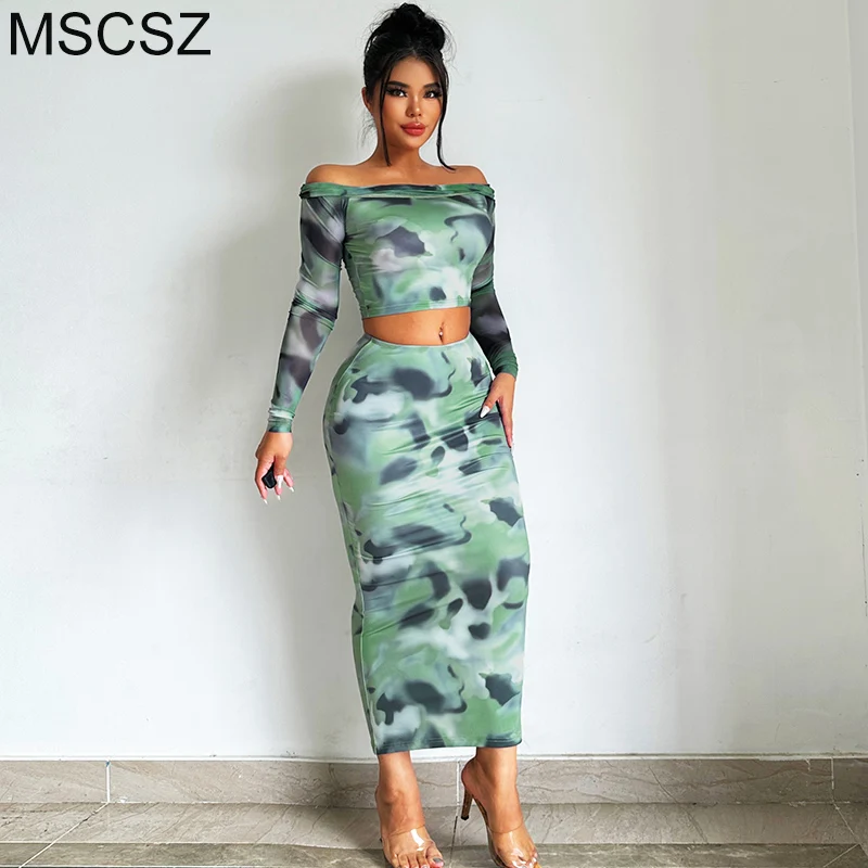 

Tie Dye Print 2 Piece Skirt Set Womens Sexy Rave Night Club Outfits Off Shoulder Long Sleeve Top And Skirt C ord Sets For Women