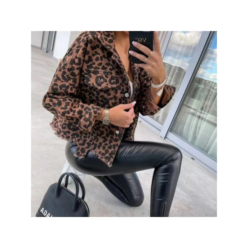 

2023 Leopard Print Washed Denim Jacket Women Raw-edges Short Jean Coat Casual Tops Spring Autumn Female Oversize Loose Outerwear
