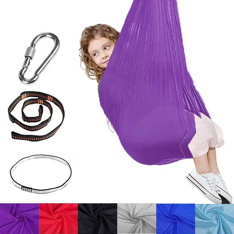 Children Yoga Hammock Swing Elastic Bed Indoor Outdoor Swing Adjustable Hammock Fitness Tool with Extension Straps Carabiners