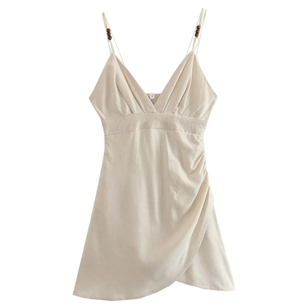 

Dave&Di French Fashion Dress Ladies Elegant Beige Camisole Beaded Vacation Summer Mini Dress Women