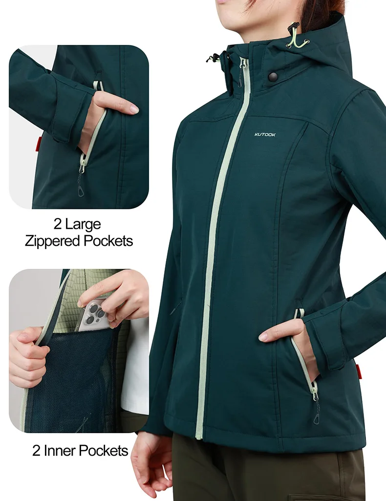 KUTOOK Women's Hiking Softshell Jackets Lightweight Fleece Sportswear Clothing Removable Hood with Pockets for Climbing Travel