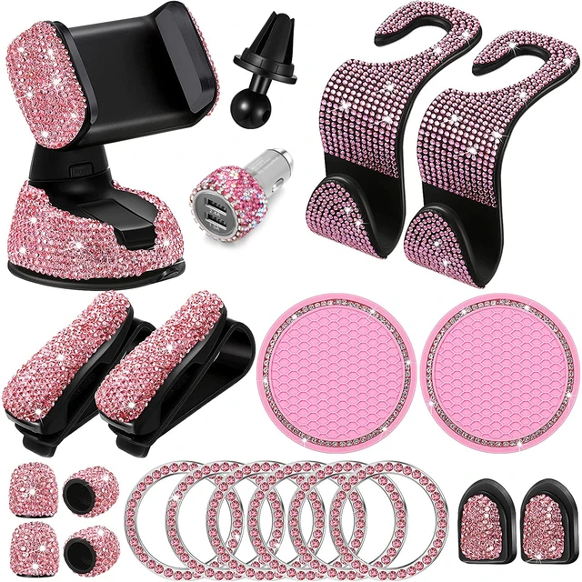 Hot Rose Pink Bling Car Accessories Interior Set for Women Girls