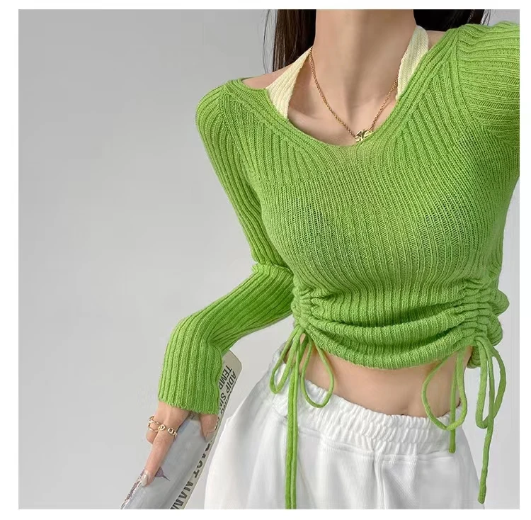 

Korean Style T Shirt Women Patchwork Y2k Fake Two-piece T-shirt Long Sleeve Halter Tops Knit Crop Tops American Retro