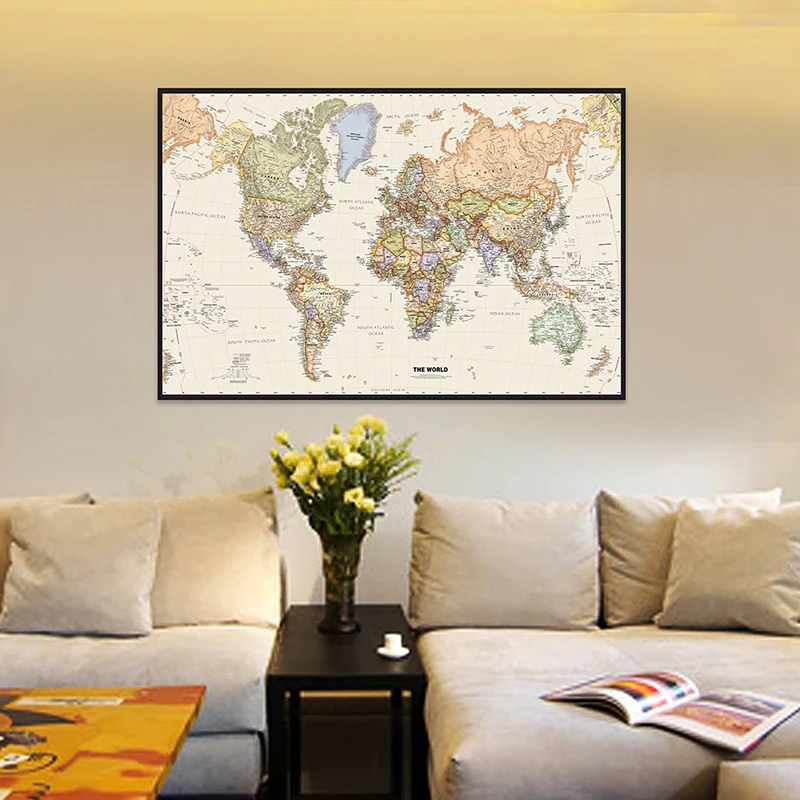 

120*80cm The World Political Map Vintage Poster Non-woven Canvas Painting Wall Unframed Prints Home Decor School Supplies