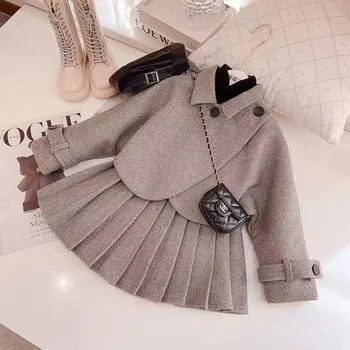 Spring and Autumn Girls' Woolen Suit Coat Pleated Short Skirt Two-Piece Set Little Girl Cotton and Thickening Fashionable 1