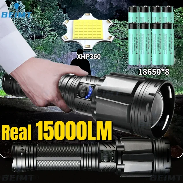 

15000LM XHP360 High Power Led Flashlight Powerful Tactical Torch Rechargeable Super Long Range Outdoor Emergency Camping Lantern